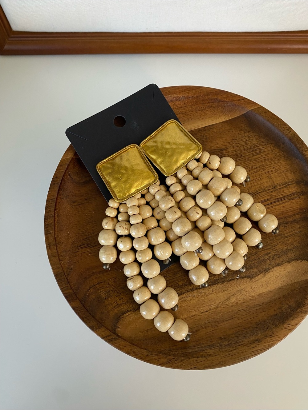 4/$15 Gold and Natural Wood Beaded Drop Earrings
